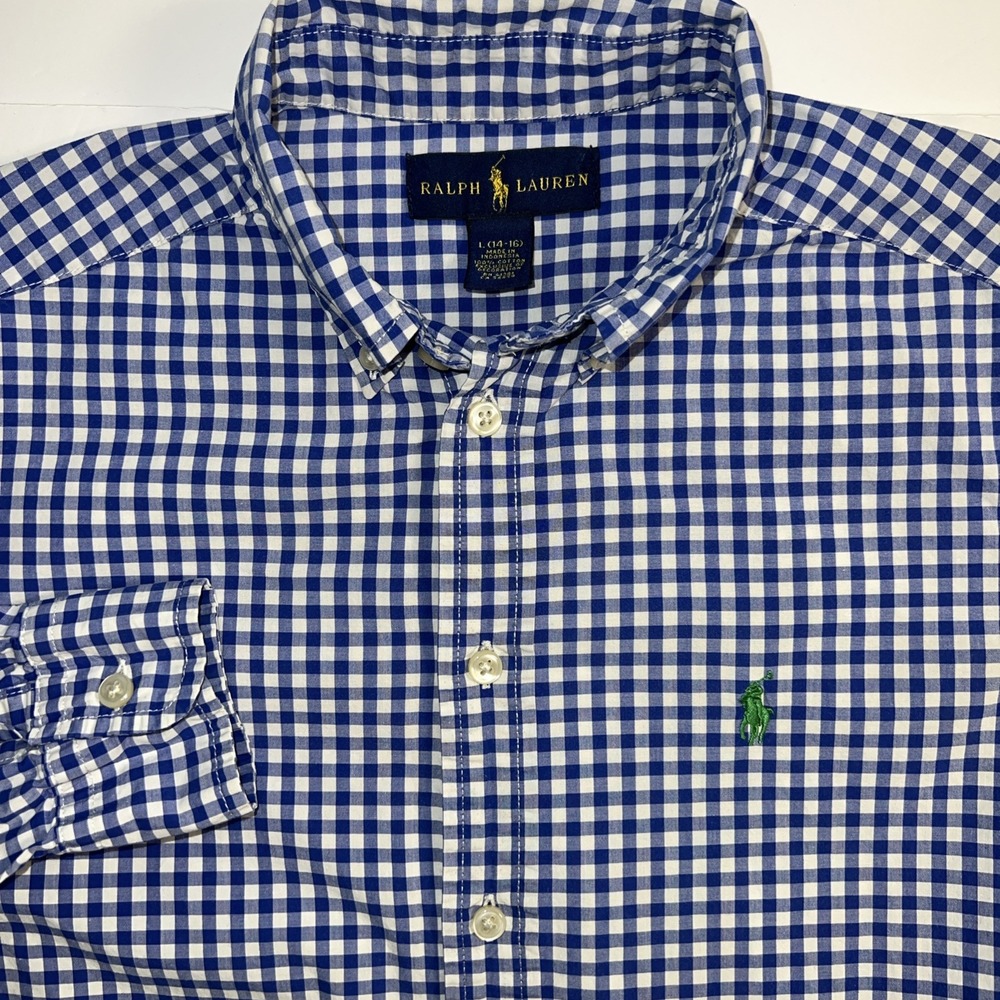 Ralph Lauren Size L 14-16 Blue & White Checked Boys Button-Down Logo Shirt